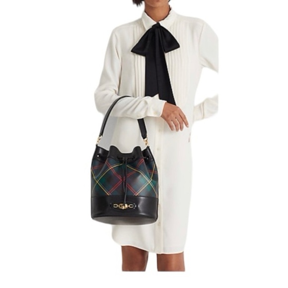 Ralph Lauren Andie Bucket Drawstring Plaid Leather Crossbody Bag